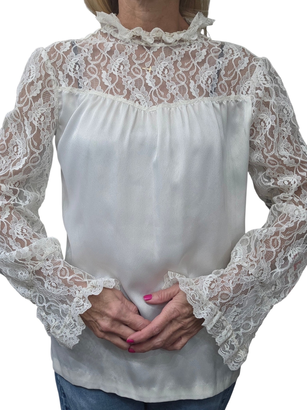 Vintage 70s Lady Manhattan Ivory Lace Victorian Ruffle Blouse 10